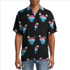 No Boundarie Men Resort Shirt Black Sun Set Print Short Sleeves Front Button 2XL